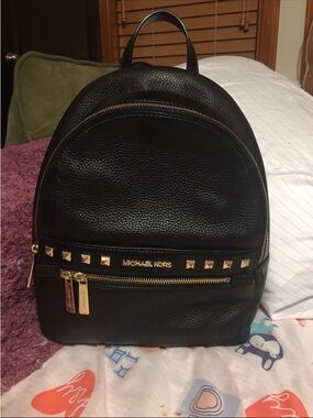 Michael Kors Black Pebbled Leather Backpack with Gold Studs